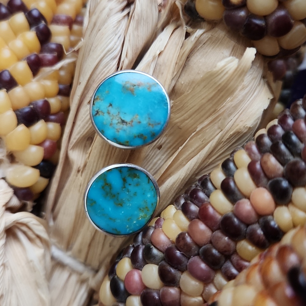 Beautiful Flat Button Style Turquoise & Sterling Earrings 💙 🩵
